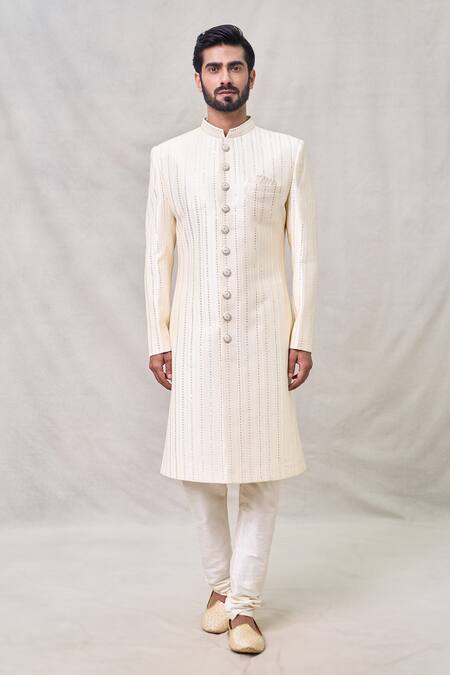 Buy_Arihant Rai Sinha_Cream Silk Sequins, Embroidery Bahar Vine Sherwani Set _Online_at_Aza_Fashions