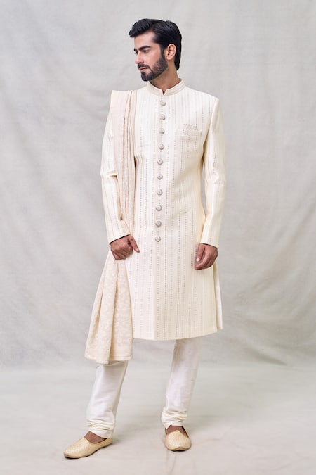 Shop_Arihant Rai Sinha_Cream Silk Sequins, Embroidery Bahar Vine Sherwani Set _Online_at_Aza_Fashions