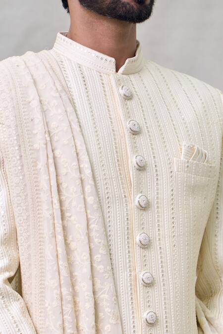 Arihant Rai Sinha_Cream Silk Sequins, Embroidery Bahar Vine Sherwani Set _at_Aza_Fashions