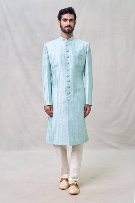 Buy_Arihant Rai Sinha_Green Silk Sequins, Embroidery Gul Vine Sherwani Set _Online_at_Aza_Fashions