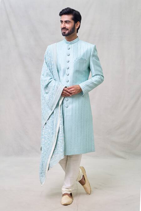 Shop_Arihant Rai Sinha_Green Silk Sequins, Embroidery Gul Vine Sherwani Set _Online_at_Aza_Fashions