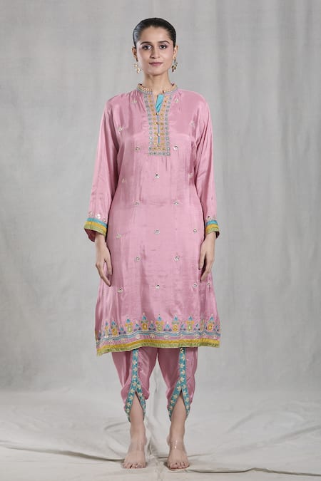 Samyukta Singhania Pink Silk Sequins, Beads, Mirrors Embellished Floral Bud Kurta Dhoti Pant Set Online at Aza Fashions Samyukta Singhania_Pink Silk Sequins, Beads, Mirrors Embellished Floral Bud Kurta Dhoti Pant Set _Online_at_Aza_Fashions