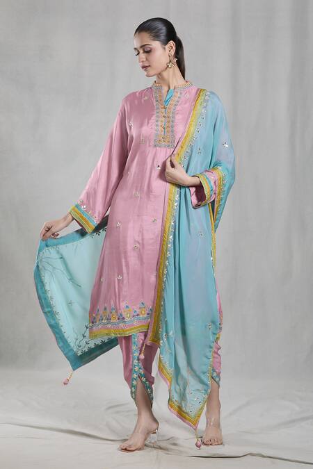 Samyukta Singhania Pink Silk Sequins, Beads, Mirrors Embellished Floral Bud Kurta Dhoti Pant Set at Aza Fashions Samyukta Singhania_Pink Silk Sequins, Beads, Mirrors Embellished Floral Bud Kurta Dhoti Pant Set _at_Aza_Fashions