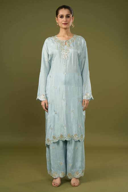 Samyukta Singhania_Blue , Satin Embroidery, Gota Embellished Floral Kurta Palazzo Set_Online_at_Aza_Fashions