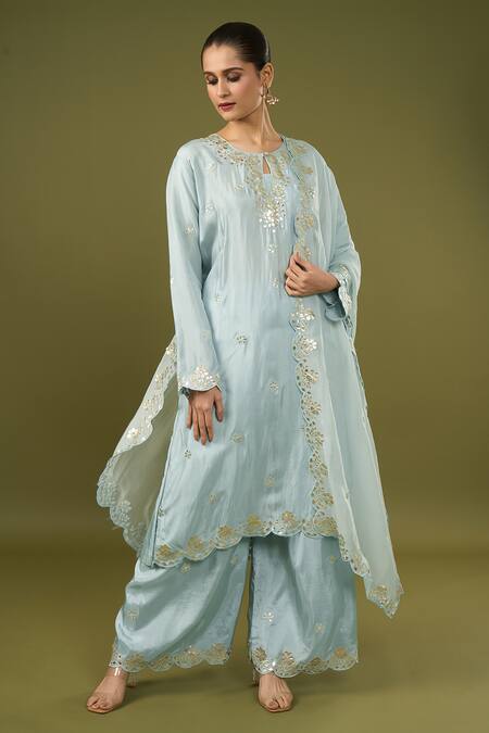 Buy_Samyukta Singhania_Blue , Satin Embroidery, Gota Embellished Floral Kurta Palazzo Set_Online_at_Aza_Fashions