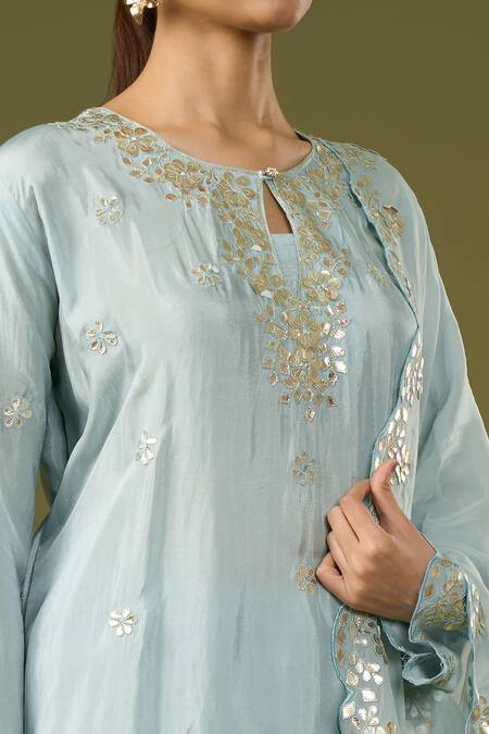 Shop_Samyukta Singhania_Blue , Satin Embroidery, Gota Embellished Floral Kurta Palazzo Set_Online_at_Aza_Fashions
