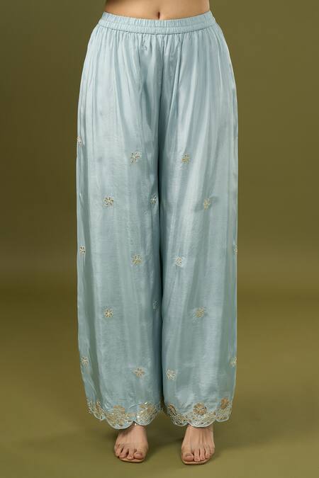 Samyukta Singhania_Blue , Satin Embroidery, Gota Embellished Floral Kurta Palazzo Set_at_Aza_Fashions