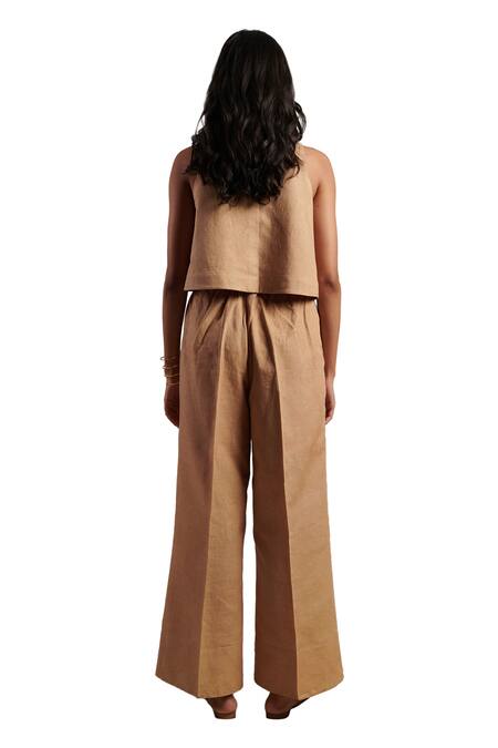 Buy Moh India Beige 100% Pure Linen Plain Celeste Flared Trouser Online at Aza Fashions Buy_Moh India_Beige 100% Pure Linen Plain Celeste Flared Trouser _Online_at_Aza_Fashions