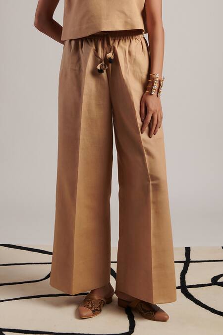 Shop Moh India Beige 100% Pure Linen Plain Celeste Flared Trouser Online at Aza Fashions Shop_Moh India_Beige 100% Pure Linen Plain Celeste Flared Trouser _Online_at_Aza_Fashions
