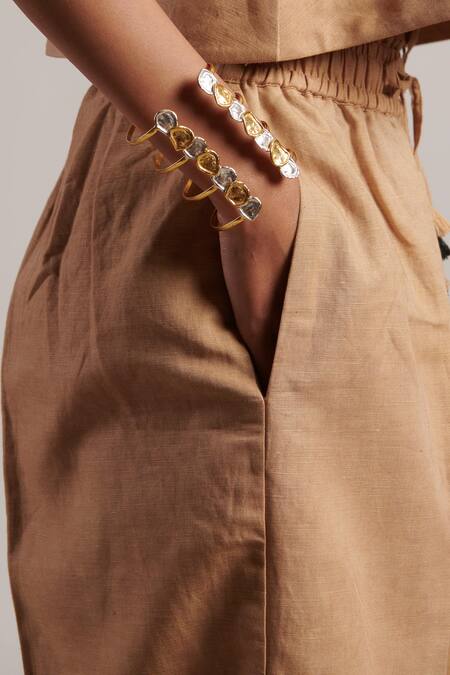 Shop Moh India Beige 100% Pure Linen Plain Celeste Flared Trouser Shop_Moh India_Beige 100% Pure Linen Plain Celeste Flared Trouser