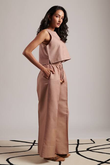 Moh India_Pink 100% Pure Linen Plain Celeste Flared Trouser _Online_at_Aza_Fashions
