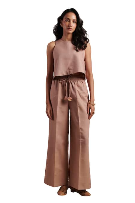 Shop_Moh India_Pink 100% Pure Linen Plain Celeste Flared Trouser _Online_at_Aza_Fashions