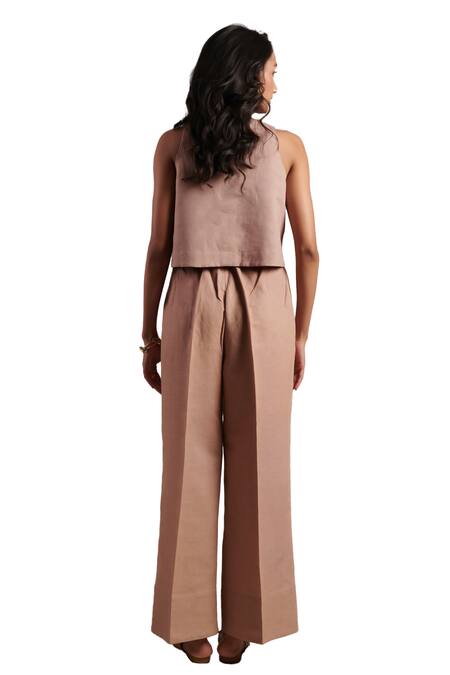 Moh India_Pink 100% Pure Linen Plain Celeste Flared Trouser _at_Aza_Fashions