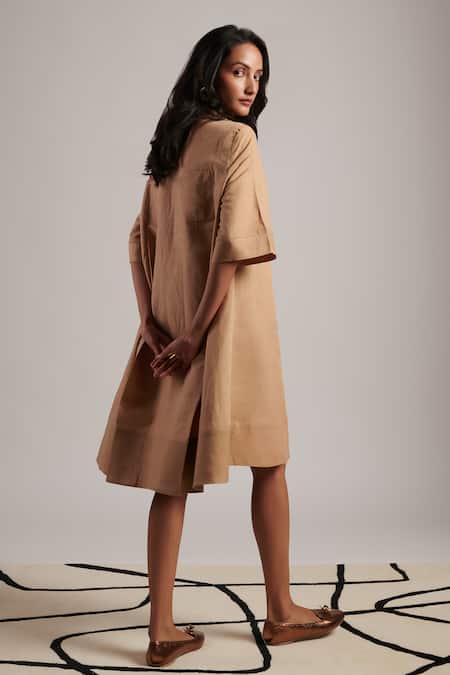 Shop Moh India Beige Linen Collared December Solid Shirt Dress at Aza Fashions Shop_Moh India_Beige Linen Collared December Solid Shirt Dress _at_Aza_Fashions