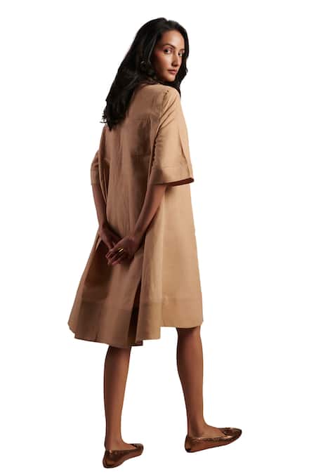 Moh India Beige Linen Collared December Solid Shirt Dress Online at Aza Fashions Moh India_Beige Linen Collared December Solid Shirt Dress _Online_at_Aza_Fashions