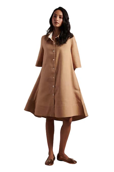 Buy Moh India Beige Linen Collared December Solid Shirt Dress Online at Aza Fashions Buy_Moh India_Beige Linen Collared December Solid Shirt Dress _Online_at_Aza_Fashions