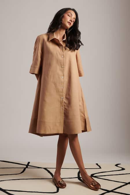 Shop Moh India Beige Linen Collared December Solid Shirt Dress Online at Aza Fashions Shop_Moh India_Beige Linen Collared December Solid Shirt Dress _Online_at_Aza_Fashions