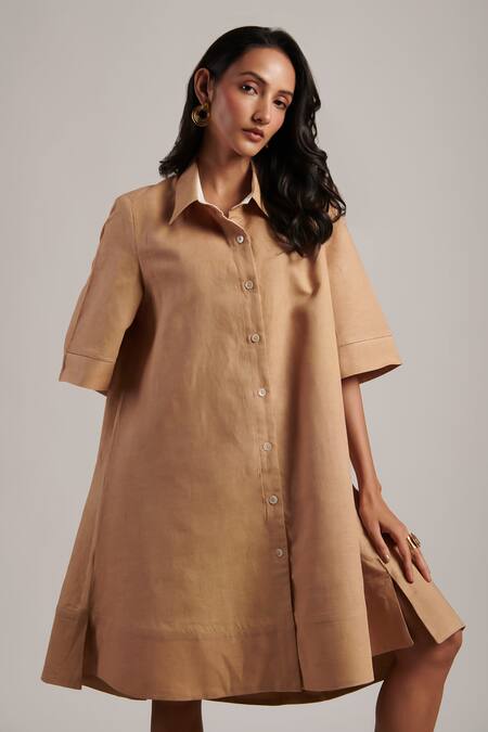 Moh India Beige Linen Collared December Solid Shirt Dress at Aza Fashions Moh India_Beige Linen Collared December Solid Shirt Dress _at_Aza_Fashions