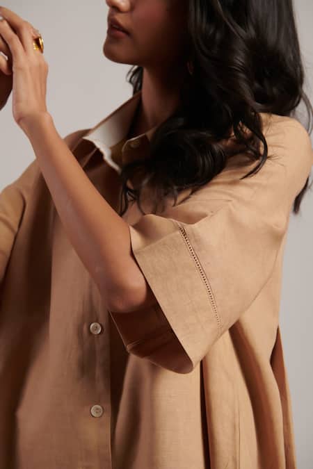 Buy Moh India Beige Linen Collared December Solid Shirt Dress Buy_Moh India_Beige Linen Collared December Solid Shirt Dress