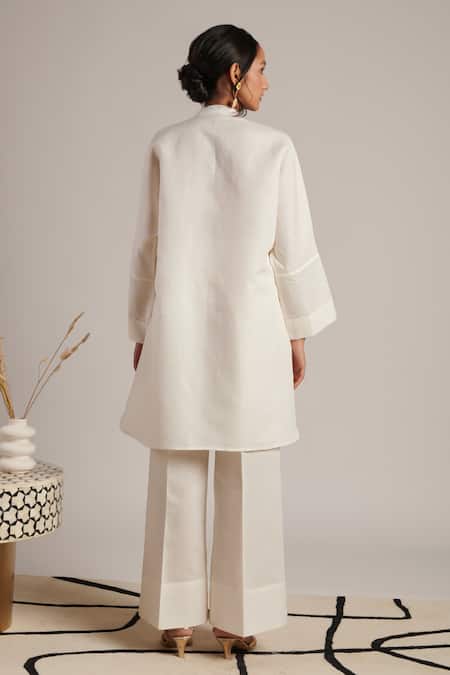 Shop Moh India Off White Linen Collared Desire Shirt Tunic And Pant Set at Aza Fashions Shop_Moh India_Off White Linen Collared Desire Shirt Tunic And Pant Set _at_Aza_Fashions