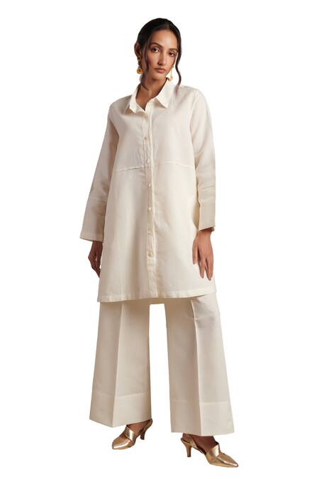 Moh India Off White Linen Collared Desire Shirt Tunic And Pant Set at Aza Fashions Moh India_Off White Linen Collared Desire Shirt Tunic And Pant Set _at_Aza_Fashions