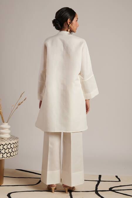 Shop Moh India Off White 100% Pure Linen Plain Collar Grace Shirt Tunic at Aza Fashions Shop_Moh India_Off White 100% Pure Linen Plain Collar Grace Shirt Tunic _at_Aza_Fashions