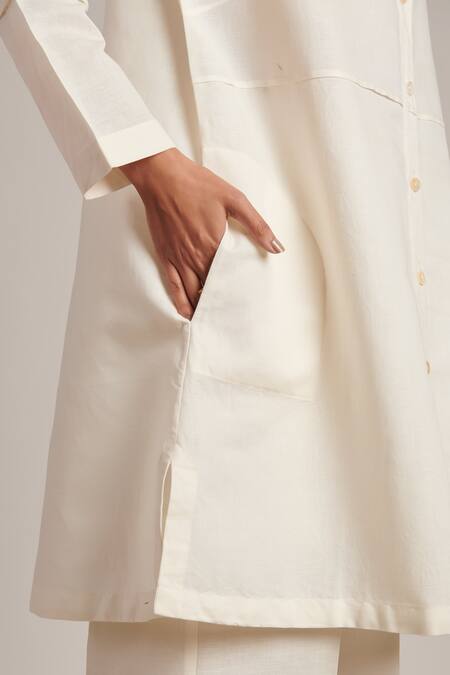Moh India Off White 100% Pure Linen Plain Collar Grace Shirt Tunic Online at Aza Fashions Moh India_Off White 100% Pure Linen Plain Collar Grace Shirt Tunic _Online_at_Aza_Fashions