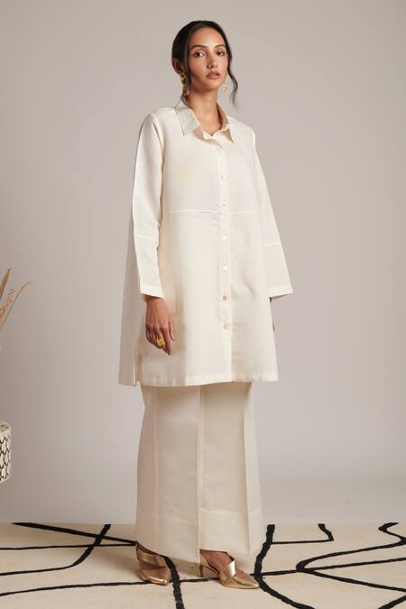 Moh India Off White 100% Pure Linen Plain Collar Grace Shirt Tunic at Aza Fashions Moh India_Off White 100% Pure Linen Plain Collar Grace Shirt Tunic _at_Aza_Fashions