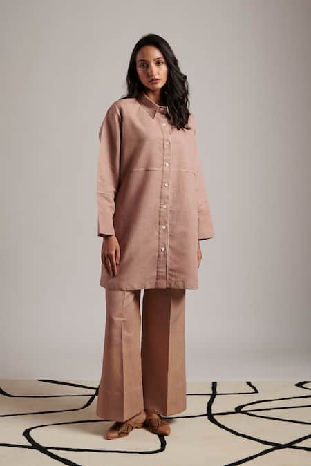 Moh India Pink 100% Pure Linen Plain Collar Grace Shirt Tunic