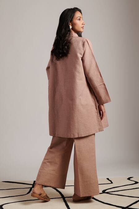 Shop Moh India Pink 100% Pure Linen Plain Collar Grace Shirt Tunic at Aza Fashions Shop_Moh India_Pink 100% Pure Linen Plain Collar Grace Shirt Tunic _at_Aza_Fashions