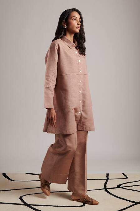 Shop Moh India Pink 100% Pure Linen Plain Collar Grace Shirt Tunic Online at Aza Fashions Shop_Moh India_Pink 100% Pure Linen Plain Collar Grace Shirt Tunic _Online_at_Aza_Fashions