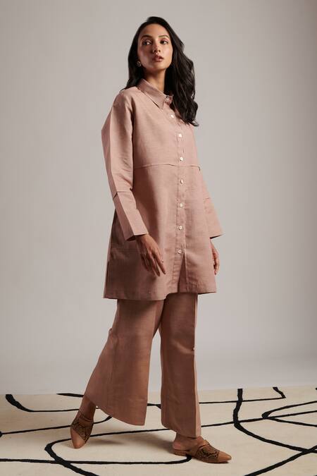 Moh India Pink 100% Pure Linen Plain Collar Grace Shirt Tunic at Aza Fashions Moh India_Pink 100% Pure Linen Plain Collar Grace Shirt Tunic _at_Aza_Fashions