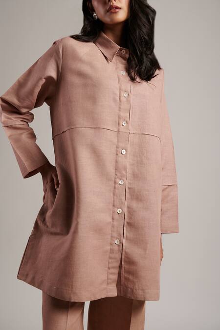 Buy Moh India Pink 100% Pure Linen Plain Collar Grace Shirt Tunic Buy_Moh India_Pink 100% Pure Linen Plain Collar Grace Shirt Tunic