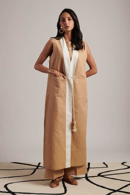 Moh India Beige Linen Tassels Open Neck Harmony Plain Overlay 