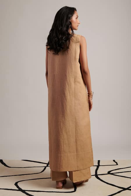 Shop Moh India Beige Linen Tassels Open Neck Harmony Plain Overlay at Aza Fashions Shop_Moh India_Beige Linen Tassels Open Neck Harmony Plain Overlay _at_Aza_Fashions