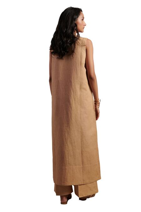 Moh India Beige Linen Tassels Open Neck Harmony Plain Overlay Online at Aza Fashions Moh India_Beige Linen Tassels Open Neck Harmony Plain Overlay _Online_at_Aza_Fashions
