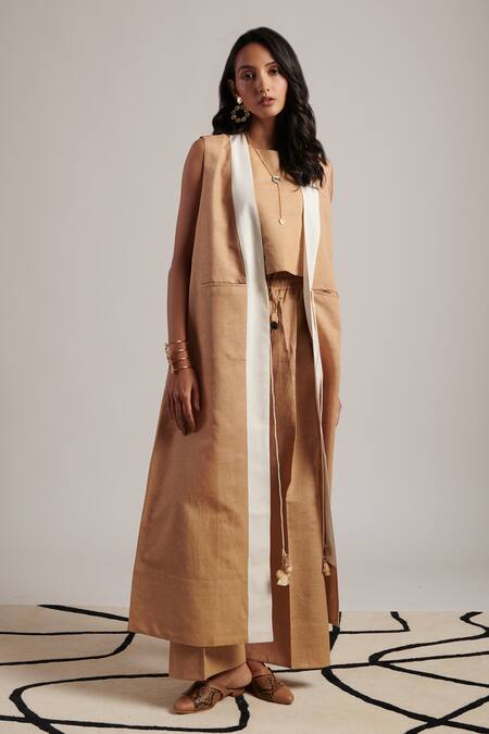 Buy Moh India Beige Linen Tassels Open Neck Harmony Plain Overlay Online at Aza Fashions Buy_Moh India_Beige Linen Tassels Open Neck Harmony Plain Overlay _Online_at_Aza_Fashions