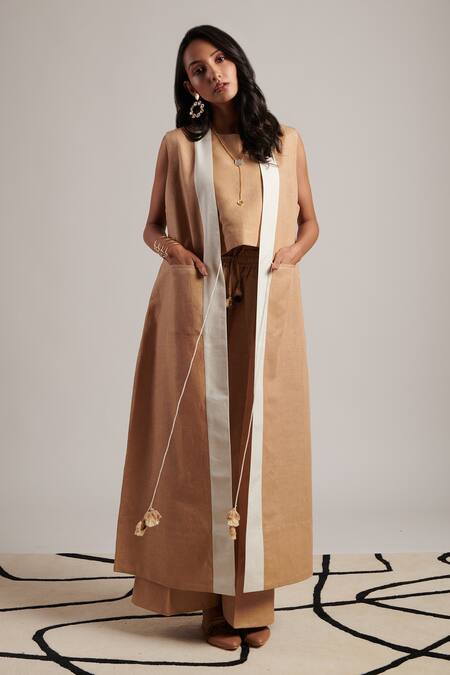 Moh India Beige Linen Tassels Open Neck Harmony Plain Overlay at Aza Fashions Moh India_Beige Linen Tassels Open Neck Harmony Plain Overlay _at_Aza_Fashions