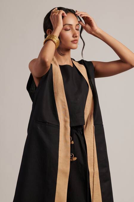 Buy Moh India Black Linen Tassels Open Neck Harmony Sleeveless Overlay Online at Aza Fashions Buy_Moh India_Black Linen Tassels Open Neck Harmony Sleeveless Overlay _Online_at_Aza_Fashions