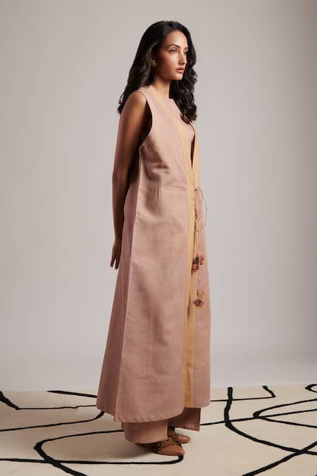 Moh India_Pink Linen Tassels Open Neck Harmony Sleeveless Plain Overlay _Online_at_Aza_Fashions