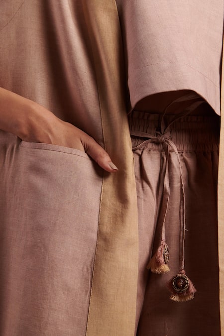 Buy_Moh India_Pink Linen Tassels Open Neck Harmony Sleeveless Plain Overlay _Online_at_Aza_Fashions