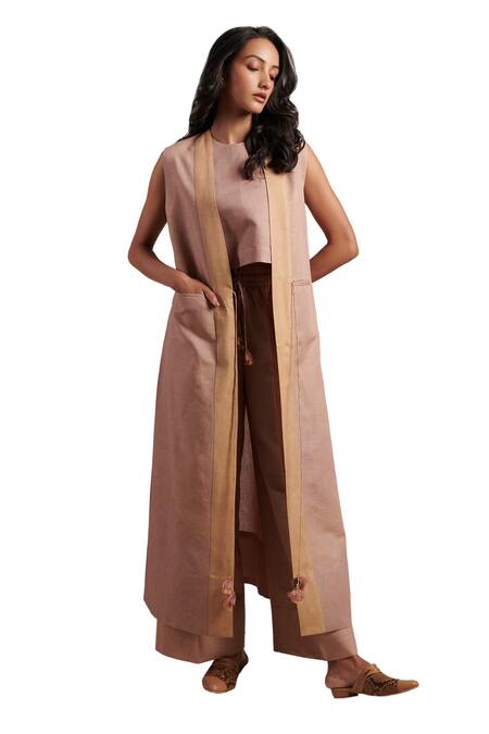 Shop_Moh India_Pink Linen Tassels Open Neck Harmony Sleeveless Plain Overlay _Online_at_Aza_Fashions