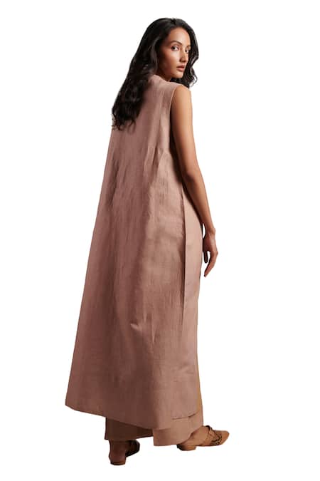 Moh India_Pink Linen Tassels Open Neck Harmony Sleeveless Plain Overlay _at_Aza_Fashions