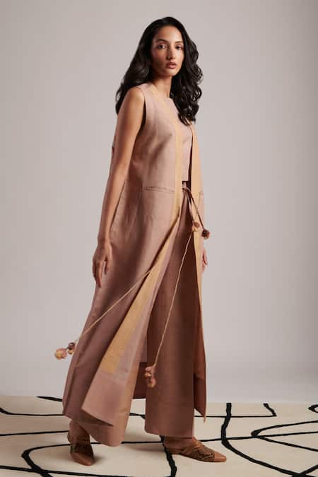 Buy_Moh India_Pink Linen Tassels Open Neck Harmony Sleeveless Plain Overlay 