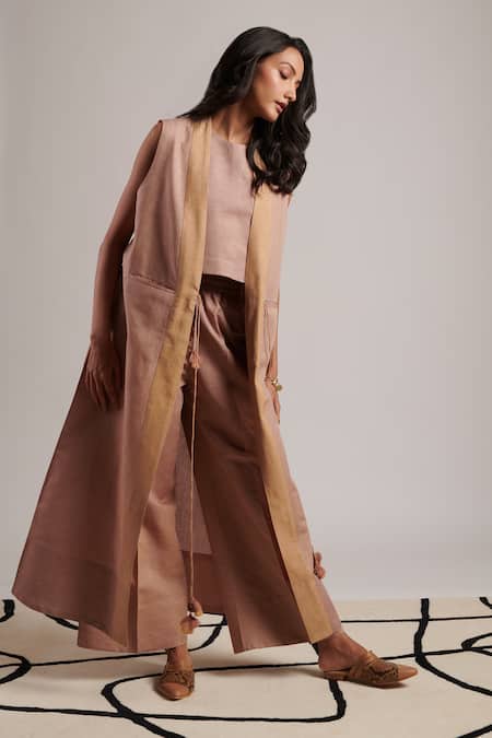 Shop_Moh India_Pink Linen Tassels Open Neck Harmony Sleeveless Plain Overlay 