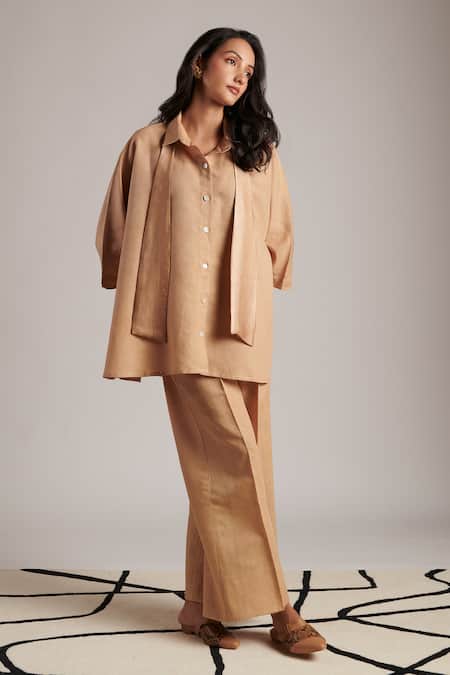 Shop Moh India Beige 100% Pure Linen Plain Collar Moon Shirt And Trouser Set at Aza Fashions Shop_Moh India_Beige 100% Pure Linen Plain Collar Moon Shirt And Trouser Set _at_Aza_Fashions