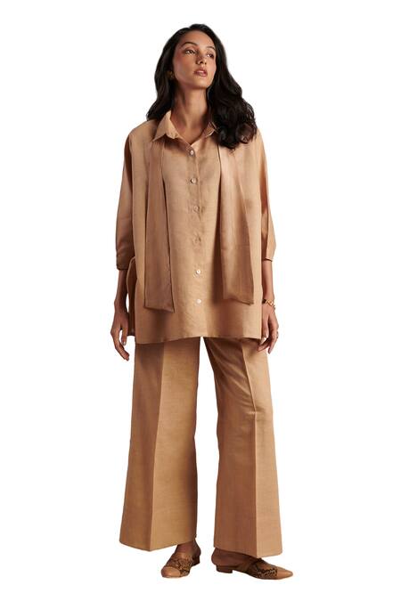 Moh India Beige 100% Pure Linen Plain Collar Moon Shirt And Trouser Set Online at Aza Fashions Moh India_Beige 100% Pure Linen Plain Collar Moon Shirt And Trouser Set _Online_at_Aza_Fashions