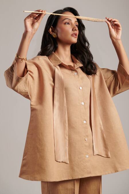 Shop Moh India Beige 100% Pure Linen Plain Collar Moon Shirt And Trouser Set Online at Aza Fashions Shop_Moh India_Beige 100% Pure Linen Plain Collar Moon Shirt And Trouser Set _Online_at_Aza_Fashions