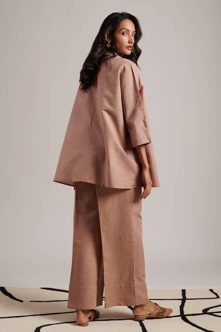 Shop Moh India Pink 100% Pure Linen Plain Collar Shirt And Trouser Set at Aza Fashions Shop_Moh India_Pink 100% Pure Linen Plain Collar Shirt And Trouser Set _at_Aza_Fashions