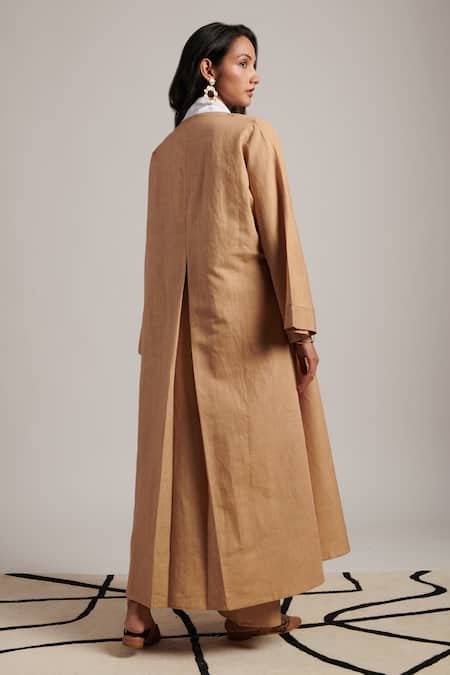 Shop_Moh India_Beige 100% Pure Linen Plain Shawl Collar Naina Solid Overlay Trouser Set _at_Aza_Fashions